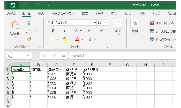 リストデータを使用してデータ書き込み