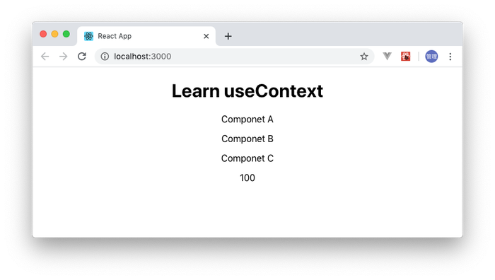 コンポーネントCの100が表示