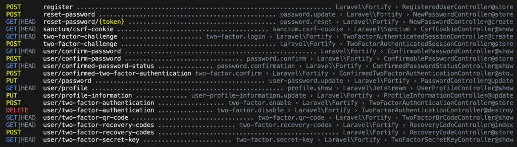 Laravel10でのlist:routeコマンドの結果