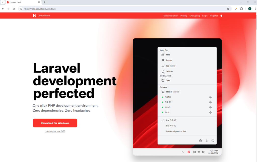 Laravel HerdのWindows版ダウンロードページ