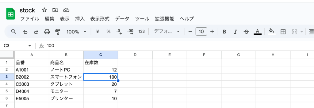 SpreadSheetに保存したデータ