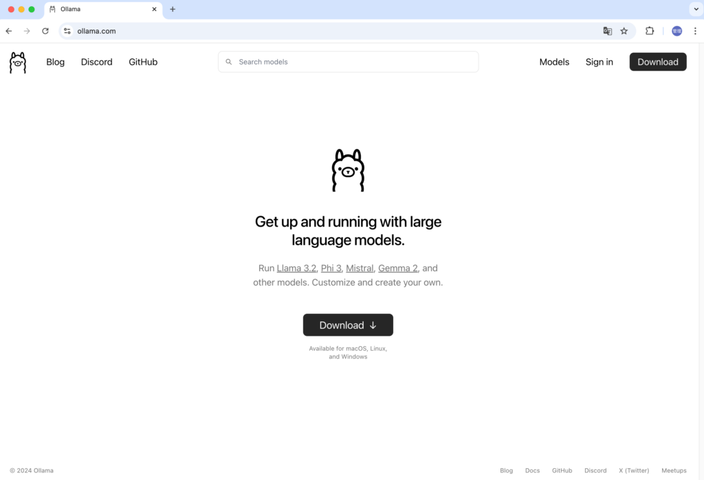 ollamaの初期ページ